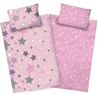 Aminata kids Biber Kinderbettwäsche 100x135 Sterne Mädchen rosa Baumwolle mit YKK Reißverschluss Kinder-Wende-Bettwäsche-Set Stern-Motiv