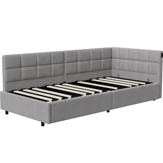 Schlafsofa - L-Form Tagesbett 90x200 cm - Hydraulischer Bettkasten-Lift - USB-Ladeanschluss - Samtbezug - Metallrahmen - Grau