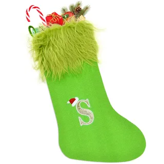 TOPWAYS Weihnachtsstrumpf, 50cm Grinch Weihnachtsstrumpf Gestrickt, Personalisierte Weihnachtsstrümpfe mit Buchstaben, Weihnachtsbaum Kamin Hängende Ornamente Geschenkhalter Weihnachtsdekorationen