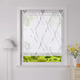 Heichkell Raffrollo mit Hakenaufhängung Ösen Raffgardine mit Foliendruck Transparent Küche Raffgardine Modern Wellen Druckmuster Rollos ohne Bohren Kleinfenster Vorhang Silber BxH 60x130 cm