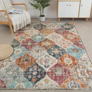 Xfrog Boho Blumen Teppich - Rutschfester Waschbarer Ultraweicher Antiker Flächenteppich Mit Niedrigem Flor für Wohnzimmer, Schlafzimmer, Kinderzimmer - 200 x 300 cm