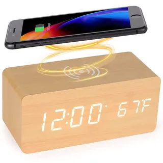 LySuyeo Digitaler Wecker aus Holz mit Kabelloser Ladestation,5W Fast Wireless Charger for iPhone/Samsung Galaxy, Digitaler Wecker Ohne Ticken, Alarm Clock Uhr Für Schlafzimmer Home Office (Bambus)
