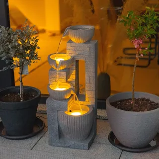 Solarbrunnen für draussen Kaskadenbrunnen Stein-Optik, LED-Licht, USB 101381 - Braun