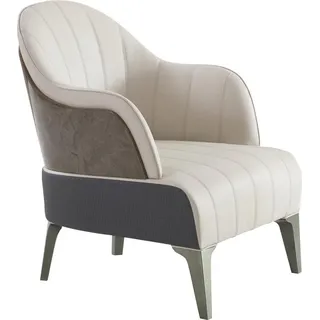 Sessel Wohnzimmer Modern Design Beige Holz Leder Luxus Lounge Club Möbel Fernseh - Beige
