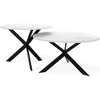 Couchtisch Set Lev - 2er-Set Beistelltisch Rund (Ø75/58 cm) - Wohnzimmertisch Industrial, Satztisch mit Metallgestell Schwarz - Kaffeetisch Modern - Marmor Weiß - Weiß