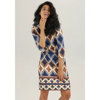 Minikleid ANISTON SELECTED, Damen, Gr. 46, N-Gr, blau (dunkelblau, blau, braun, beige, ocker, sanftes weiß), Milano Rib, Obermaterial: 89% Viskose, 9% Polyester, 2% Elasthan, bedruckt, gemustert, figurumspielend kniefrei, Rundhals, Kleider Minikleid, mit leichter Taillierung und elegantem Druck, Topseller