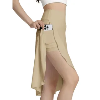 Bezioner Hosenrock Damen Sommer Midirock Tennisrock mit Hose Taschen HoherTaille Golfrock Sportrock mit Schlitz Rüschensaum Beige S