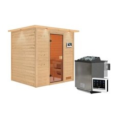 Karibu Sauna Adelina mit Kranz Naturbelassen mit Ofen 9 kW Bio ext. Steuerung.