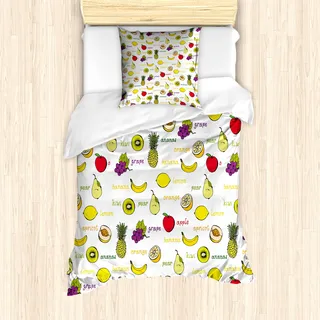 ABAKUHAUS Früchte Mantele, Sommer Frisches Essen, Milbensicher Allergiker geeignet mit Kissenbezügen, 135 cm x 200 cm - 80 x 80 cm, Lila, Gelb, Rubin