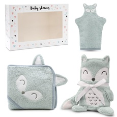 3 Set Geschenk zur Geburt - Babydecke + Kapuzenhandtuch + Baby Waschlappen - Baby Decke wird zusammengerollt zum Kuscheltier - Neugeborenen Geschenk in verschiedene Designs
