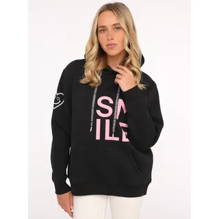 Hoodie ZWILLINGSHERZ "Alissa", Damen, Gr. SM (S/M), schwarz, Sweatware, Obermaterial: 50% Baumwolle, 50% Polyester, normal hüftlang, hoch geschlossener Ausschnitt, Bündchen, Sweatshirts Hoodie, Langarm, Kapuze, Neon-Details, Kordelzug, Frontprint, Kängurutasche