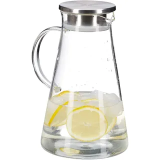 Relaxdays Glaskaraffe, 1,8 l, mit Deckel, Wasser, Saft, Aromawasser, spülmaschinenfest, Wasserkrug, transparent/silber, 24 x 14 x 18 cm