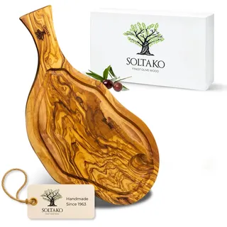 SOLTAKO Olivenholz Steakbrett mit Saftrille "The Smokey BBQ" (43-45 cm) Schneidebrett aus Oliven Holz mit Griff
