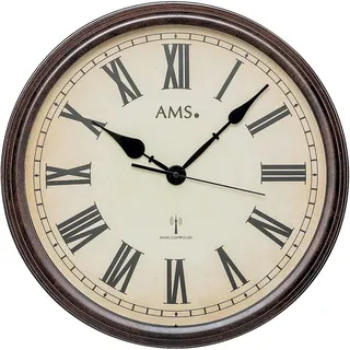 AMS 5977 Wanduhr 42 cm – geräuscharmes Funkwerk, Vintage Retro Funkwanduhr mit römischen Ziffern, analoge Funkuhr aus Acrylglas, große Wanduhr für Wohnzimmer, Küche, dekorative Uhr im Antik Design
