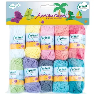 Gründl Wolle Amigurumi - dünne Wolle zum Häkeln von kleinen Figuren - Häkelgarn- Glänzend und hautfreundlich - 100 Baumwolle - 10 Miniknäuel 10 g / 23 m Nadelstärke 3 - 4 - Pastell