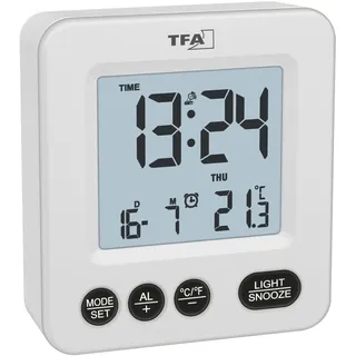 TFA Dostmann Digitaler Funk-Wecker Mini, 60.2567, batteriebetrieben, Innentemperatur, Zeitzoneneinstellung, individuelle Snooze-Dauer, Wochentag (Weiß)