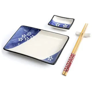 lachineuse – Japanisches Sushi-Service – Teller, Essstäbchen und Untertassen für 1 Person – Farben Weiß und Blau – Porzellan – Sakura-Blumenmuster – Geschenkbox aus Japan – Japanisches Geschirr