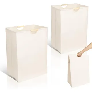 AiQInu 2 Stück Wäschesammler Schmal, Wäschekorb 60l, Laundry Baskets mit Henkel Holzgriff, Waschesammelbox und Wäschesack für Schlafzimmer, Kleidung, Spielzeug und Handtücher, 56 * 40 * 27cm