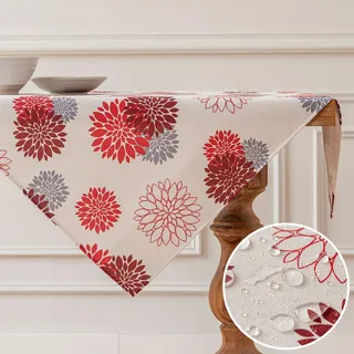 Vorysum Tischdecke Modern Blumen Rot Dahlien Tischwäsche Modern Wasserabweisend Leinen,Dekoration Tischläufer Outdoor Sommer Garten für Hochzeit Esszimmer Party Urlaub Dekor 85 x 85 cm