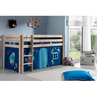 Vipack Hochbett »Pino, Spielbett massiv Kiefer, stabil gebaut, 3 Korpusfarben zur Wahl« inkl. Rolllattenrost, Leiter und Absturzschutz, mit oder ohne Rutsche, Textil-Set "Astronaut", inkl. Vorhang, mit oder ohne Tunnel, beige
