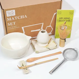HEI MING Matcha Set Beige (8-teilig) und Schale mit Ausgießer, Premium Matcha Tee Set für Matcha Latte Zubereiten, Handgemachter Bambusbesen (Chasen), Löffel & Sieb, Originelles Geschenk für Matcha