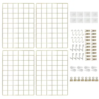 CIKLCIX Wandgitter Gold Deko, 17.3"×11.8" Gitter Pinnwand, 4er-Pack Metall Pinnwand Drahtgitter, Gitterwand Für Fotos Grid Wall Panel Mit Klammern Und Haken