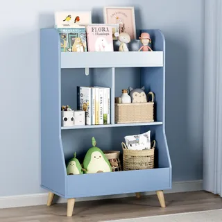 Clevich Bücherregal Kinder, Kinderregal, Kinderzimmerregal, Spielzeugregal, 2 Fächern, 3 offene Fächer für Bücher, Montessori Aufbewahrungsregal, Kindermöbel für Kindergarten Spielzimmer (Blau)