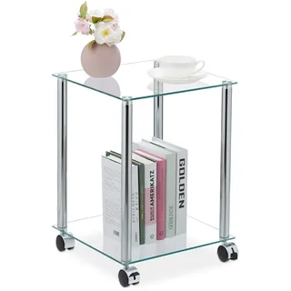 Relaxdays Beistelltisch mit Rollen, eckig, Glas & Stahl, transparent/silber