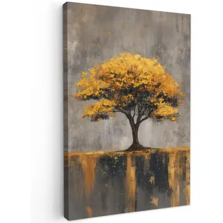 MuchoWow Leinwandbild Baum - Blätter - Gold - Abstrakt Wanddeko Schlafzimmer 60x90 cm , Grau , Textil , Kiefer , Rechteckig , 60x90 cm , FSC 100% , gerahmt , Bilder & Rahmen, Bilder, Leinwandbilder