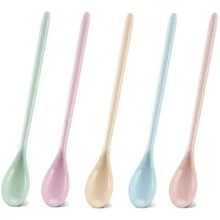 Plastik Löffel 5 Stück Farbe Plastiklöffel Lang Eierlöffel Kunststoff Marmeladenlöffel, Anti Tropfen Langer Griff Löffel, Dessertlöffel, Eislöffel Plastik, Teelöffel Langer Stiel