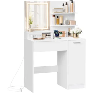 Schminktisch, Spiegel mit LED-Licht, integrierte Steckdosenleiste, Frisiertisch - Weiß