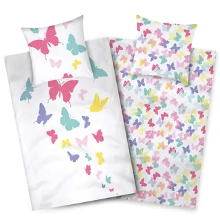 Aminata kids Bettwäsche Schmetterling 135x200 Mädchen Baumwolle Schmetterlinge bunt weiß | YKK Reißverschluss | Tier-Motiv Butterfly - Wende-Bettwäsche-Set