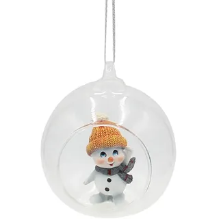 ***Glaskugel mit Anhänger - Schneekind - Schneemann mit Mütze und Schal in orange und grau, L/B/H 8 x 7 x 8,5 cm