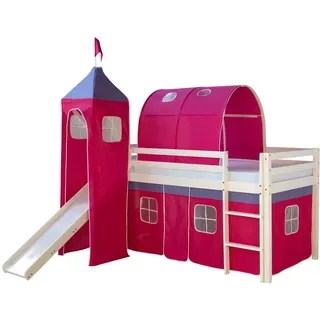 Homestyle4u Hochbett 90 x 200 cm Kiefer massiv lackiert pink/weiß