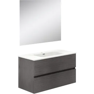 Baikal Badezimmerschrank, Zwei Schubladen, Wandmontage, mit Waschbecken, Melamin 16, montiert, Möbel 90 cm, Asche mit Spiegel Mond