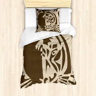 ABAKUHAUS Tiger Bettbezug Set, Abstrakte große Dschungel-Katzen-Raubkatzen-Schmutz-Element-Safari-Jagd-Aktions-Bild, 135 x 200 cm + 80 x 80 cm, Tan Brown