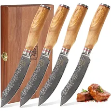 zayiko Olive Exklusives 4er Steakmesser Set I 12,50 cm Klinge aus 67 Lagen mit Hammerschlag I Damast Steak Messer aus echtem Damaststahl mit Griffen aus Olivenholz & Holzbox