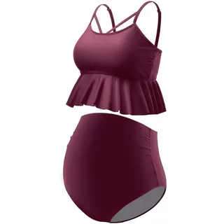 GINKANA Umstands-Bikini, Zweiteiliger Badeanzug, Rüschen, hohe Taille, Umstands-Badeanzug, Sommer, Schwangerschafts-Bademode, Burgunder, S