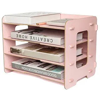 EXERZ Holz-Akten-Organizer 4 Ebenen Für Schreibtisch Ordnung, Bürobedarf, Dokumentenhalter, Schüler Hausaufgaben, Schularbeiten, Notizbuch, Briefe Lager, Stationär, DIY Kreative Dekoration - Rosa