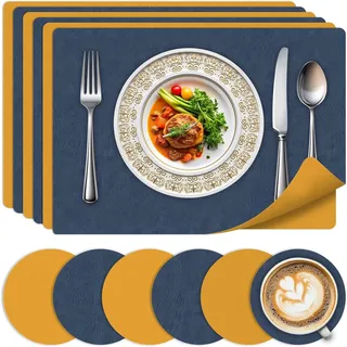 Set mit 6 wendbaren, wasserdichten Tischsets aus Kunstleder, 43 x 30 cm, hitzebest?ndig, waschbar, blau und gelb