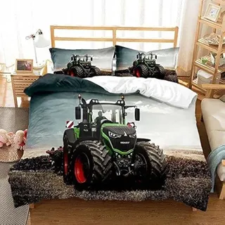 Ibenzoa® Kinder-Bettwäsche-Set mit Traktor-Design, 135 x 200 cm, 1x Bettbezug + 2x 80 x 80 cm Kissenbezüge, Mikrofaser-Polyester, Reißverschluss