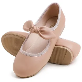 Feversole Girls Cute Dress, Mädchen süßes Kleid Mary Jane Schuhe weiche Party Urlaub Ballerinas Runde Spitze Stretchy,Synthetik elastisch flach Niedliche Schleife Rosa Napa Größe 34 EU