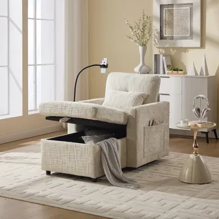 STILVORA Chaiselongue mit Handyständer und 2 Seitentasche,Einzelsofa mit 2 Nackenkissen und verstaubare Rückenlehne,Modernes Sofa aus Chenille,Beige - Beige
