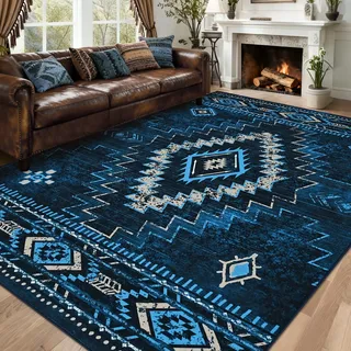Alishomtll Teppich Läufer, Vintage Geometrisch Teppich Blau 160x230 cm | Rutschfest Kurzflor Küchenteppich, Weich Waschbar Flurläufer für Wohnzimmer Schlafzimmer Arbeitszimmer Küche Eingang