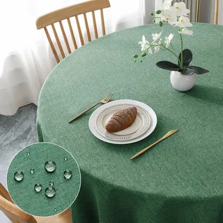 AooHome Tischdecke Rund Φ120cm, Grün Leinen-Optik Tischdecken Abwaschbar Tischtuch aus Polyester Wasserabweisend mit Lotuseffekt, Dauerhaft Kratzfest für Wohnzimmer, Esszimmer, Balkon, Garten