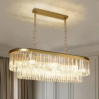 Depuley Modern Kronleuchter Kristall, 100cm Pendelleuchte Gold, Groß Oval Kristall Hängeleuchte mit klarem Kristallanhänger, 10xE14 Lichter für Wohnzimmer, Esszimmer, Schlafzimmer, Restaurant