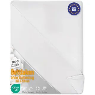 Bettlaken ohne Gummizug Baumwolle 2er Set: 160x220 cm - Bed Sheets Betttuch ohne Gummi und Laken Bedsheets Baumwollstoff weiß und Kochfest mit Oeko-Tex-Zertifikat 160 x 220