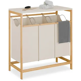 Relaxdays Wäschesammler mit 3 ausziehbaren Wäschekörben, klappbare Ablage, HBT: 84,5 x 78,5 x 40 cm, Bambus, natur/creme