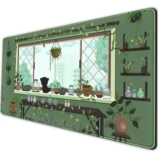 Niedliche Kawaii grüne Pflanze Schreibtischunterlage Anime Ästhetisches Mauspad Pixel Art XXL Großes Gaming-Mauspad Laptop-Tastaturmatte Schreibtischunterlage 80 x 40 cm, Büro Heimdekoration