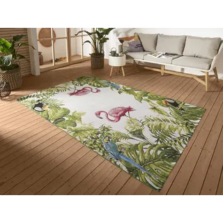 Hanse Home Tropical Birds In- & Outdoor Teppich – Flachgewebe Aussenteppich, Flamingo Jungel Palmen Design, ÖKO-TEX Wetterfest & UV-beständig für Balkon, Terrasse, Garten, Wohnzimmer - Bunt, 80x165cm